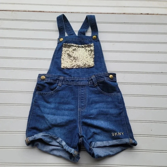 DKNY Girl's Dark Blue Gold Sequin Pocket Jean Denim Short Overalls Size 8 - Picture 1 of 9